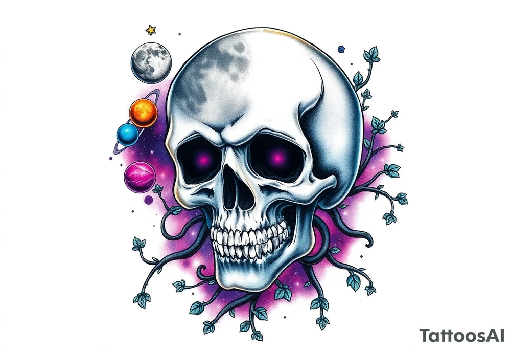 gothic skull as the moon and life as the sun. intertwined with climbing  vines as space dust connecting planets and galaxy in background of skull really bright colors used for the planets and stars shade's of Purple, Blue and black as the backdrop for galaxy tattoo idea