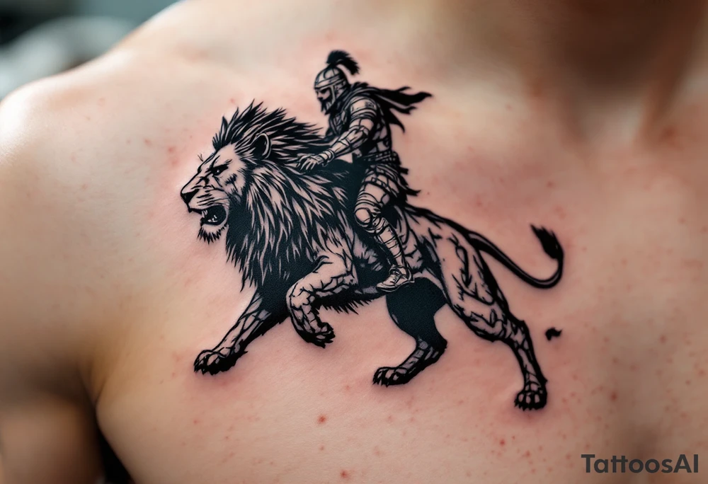 warrior riding on top of lion into battle tattoo idea
