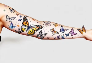 Many different butterflies in many different sizes and colors at least one monarch and in many stages of flight tattoo idea