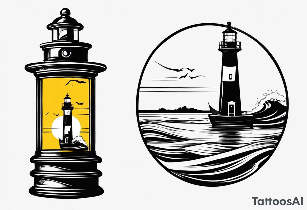 Farol no oceano em mar agitado bem delicado com o farol amarelo, e navio ao fundo tattoo idea