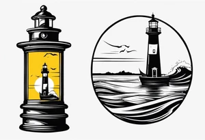 Farol no oceano em mar agitado bem delicado com o farol amarelo, e navio ao fundo tattoo idea