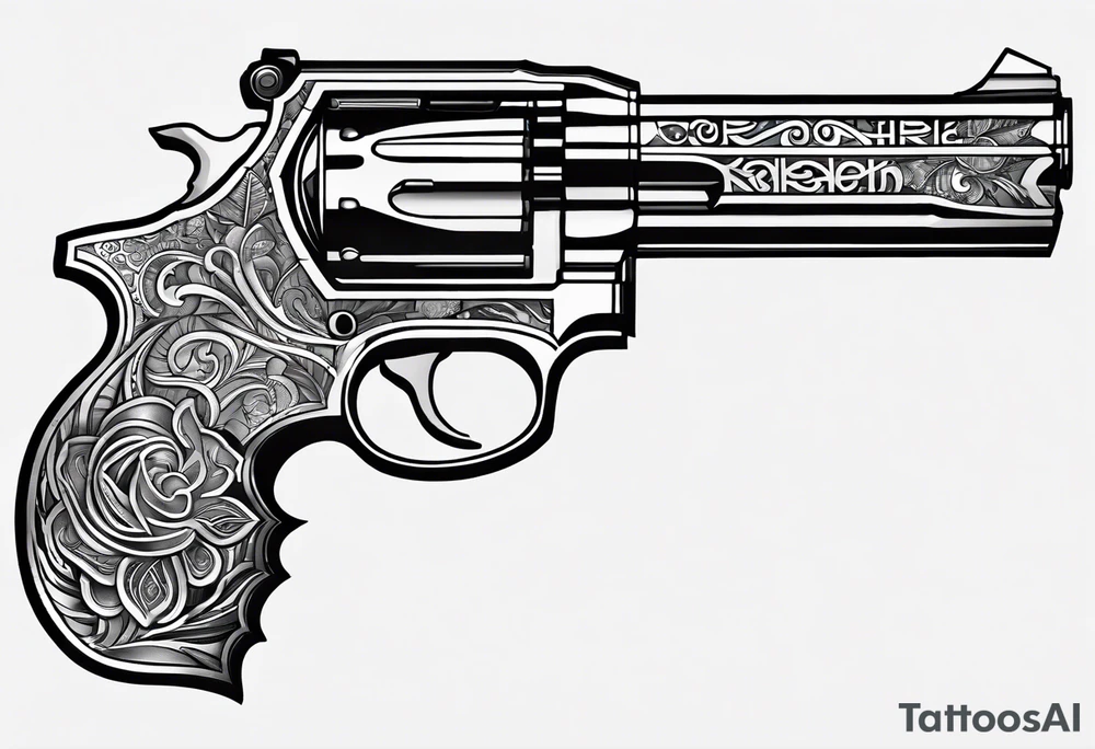 A gun with the word 'Revolverhelden' embedded into it tattoo idea