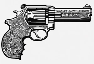 A gun with the word 'Revolverhelden' embedded into it tattoo idea