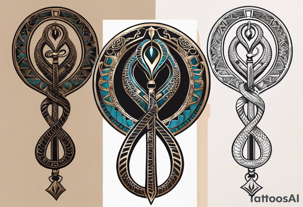 Create a tattoo design featuring an Egyptian cobra or horned viper elegantly wrapping around an ankh. The snake's head should face outward near the top loop of the ankh. Include intricate scales and subtle patterns, emphasizing careful highlights and shadows to create a realistic intertwined effect with the ankh. The design should convey complexity and flow along the forearm, making the ankh appear guarded and enhancing its spiritual, protective aura. tattoo idea