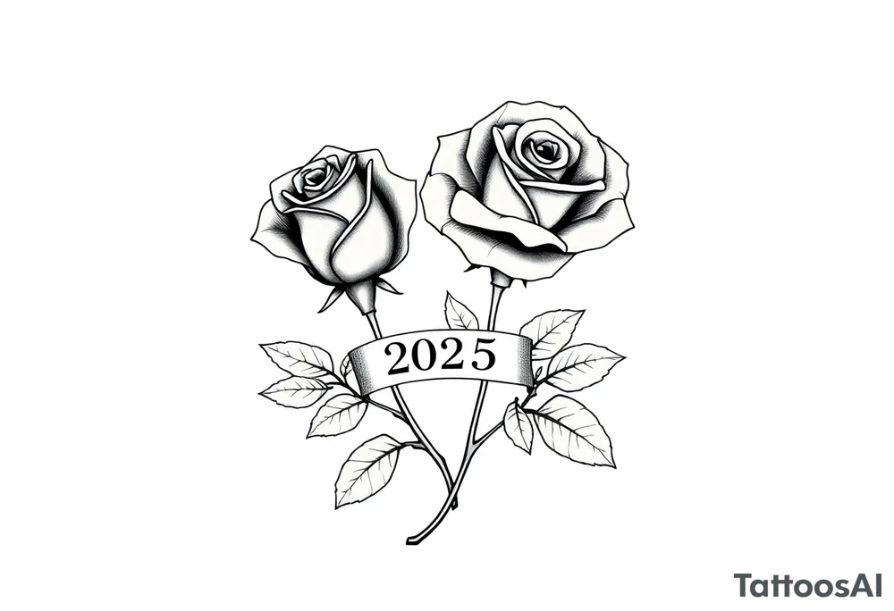 two beautiful large rose buds, one larger than the other, with many leaves next to the rose buds, with one sitting higher than the other. Include a banner connecting the two roses with the year "2025" on it.   Use dark outlines with little shading. The two stems should be short, not long, and connect and join into one stem, whimsically curved or twisted - not straight down. tattoo idea