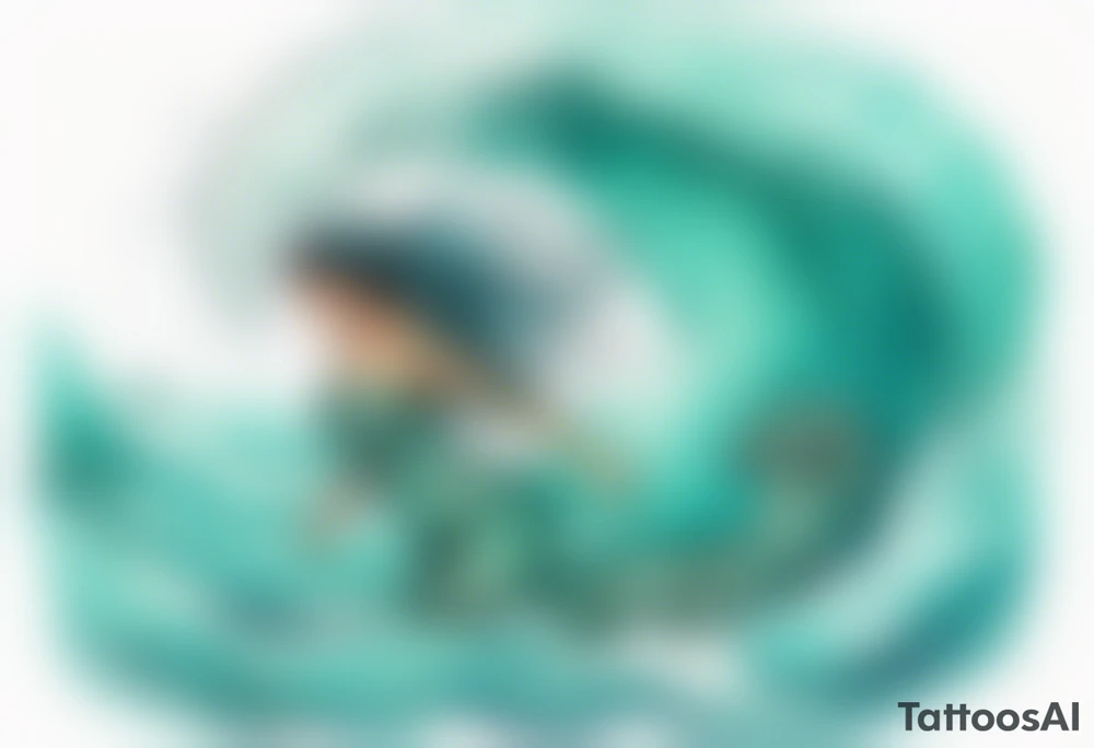 a beautiful chubby turquoise serpent woman emerging from an ocean wave, crashing onto the shore tattoo idea