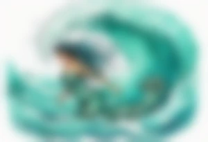 a beautiful chubby turquoise serpent woman emerging from an ocean wave, crashing onto the shore tattoo idea
