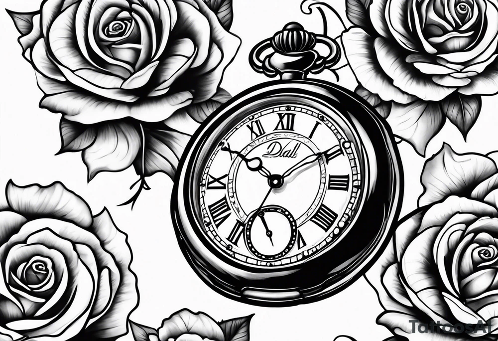 Pocket watch with chain and roses tattoo idea