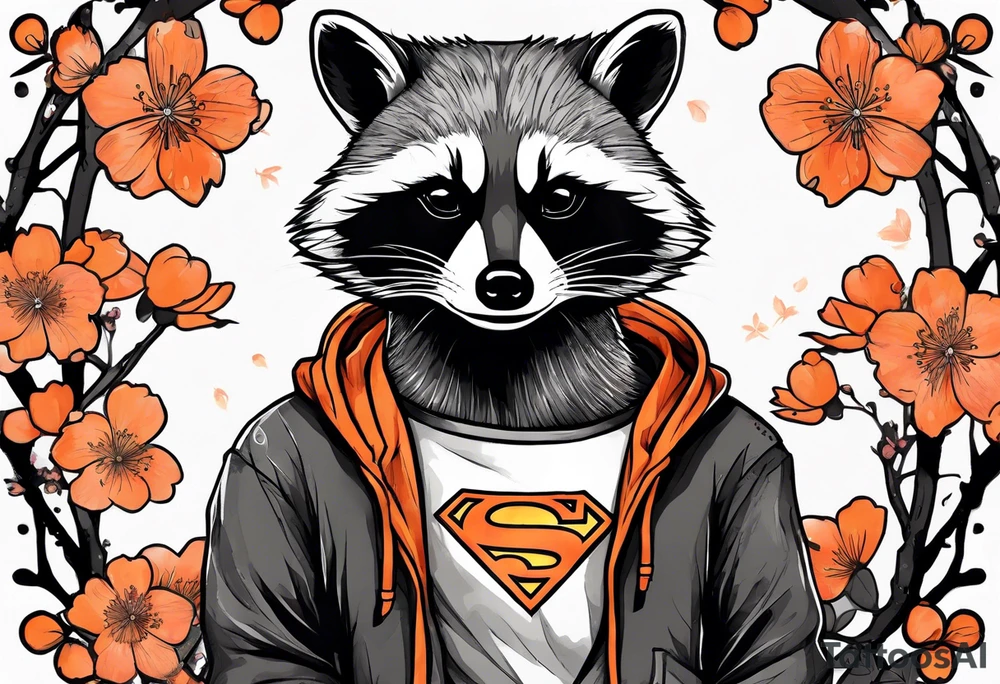 raccoon wearing a black and white Superman hoodie and orange Japanese cherry blossoms tattoo idea
