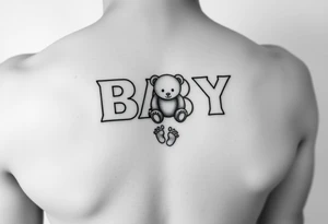 Baby letter blocks, girl, teddy bear, baby foot print tattoo idea