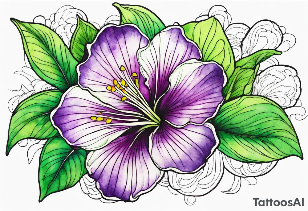 An outline of a rio dipladenia flower with a green and purple watercolor background tattoo idea