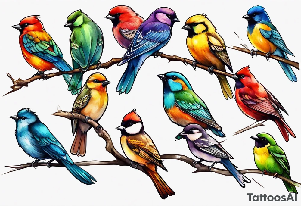 Seven small, colorful birds tattoo idea