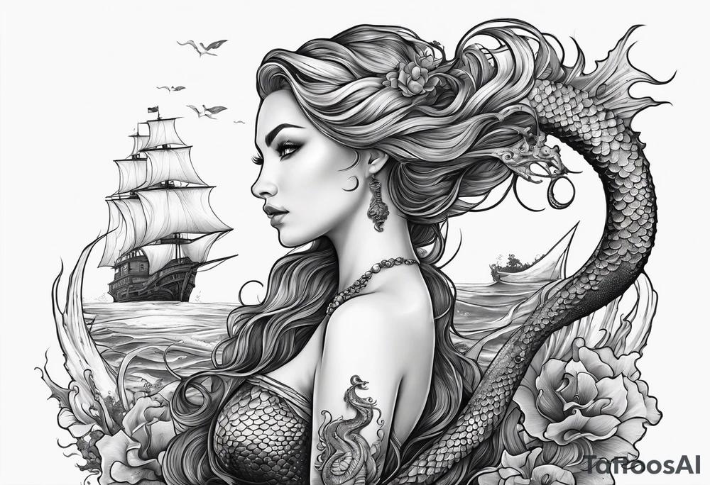 mermaid holding trident side profile, looking at seahorse and shipwreck octopus tentacles tattoo idea