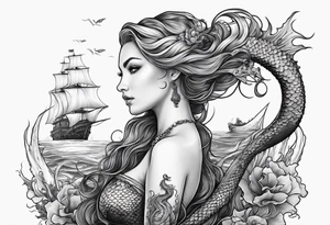 mermaid holding trident side profile, looking at seahorse and shipwreck octopus tentacles tattoo idea