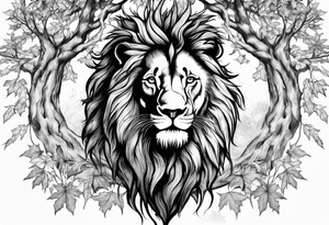 The lion of Judah, which is Jesus Christ, is tied and intertwined within a maple tree, and a cross as well tattoo idea