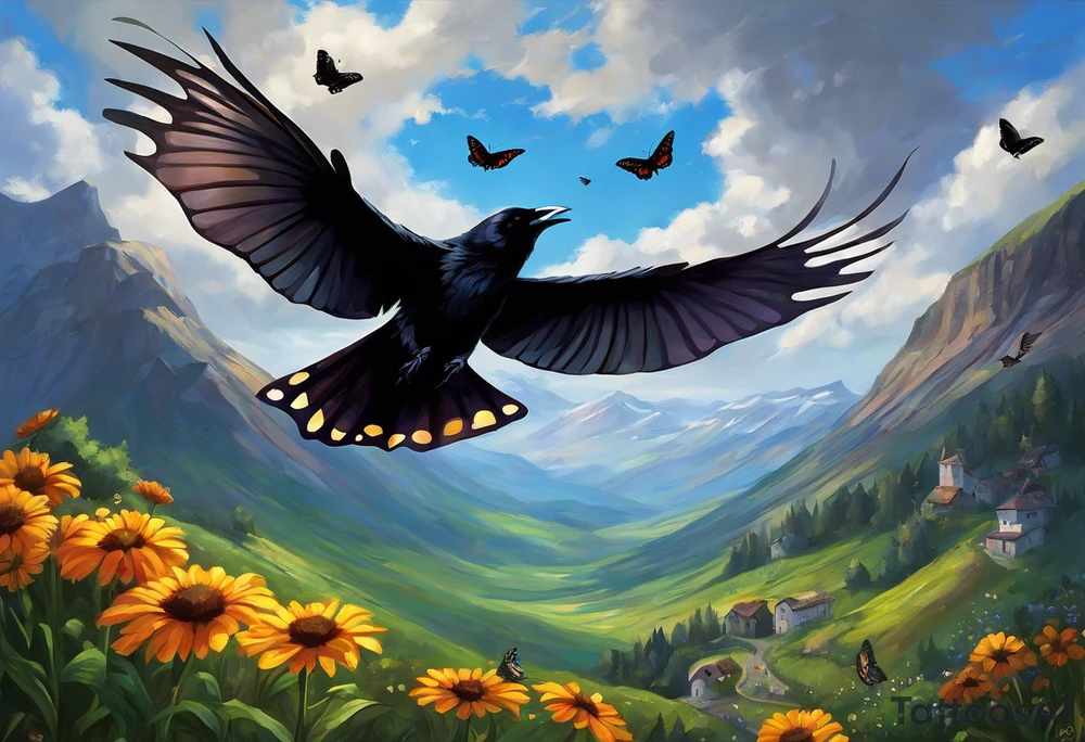 A butterfly flies towards the sky. Below the butterfly, a raven flies towards the sky. 
The butterfly and the raven are the same size
In the background is the name Malia.
In the background is the name SKF.
The number 89 can be seen in the background.
There is also a scorpion in the wing of the butterfly.
This tattoo is black and white and on the arm. tattoo idea