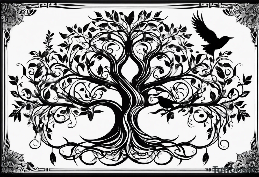 family tree with 6 black birds and cadinal tattoo idea