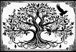 family tree with 6 black birds and cadinal tattoo idea