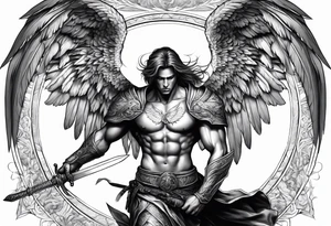 Arch angel fighting sword male full body heavenly tattoo idea