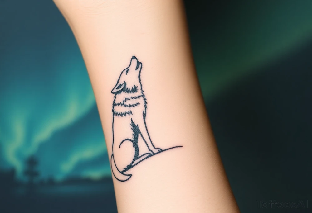 lone wolf howling at full moon with northern lights backdrop tattoo idea