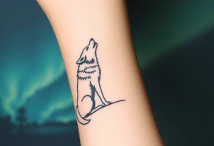 lone wolf howling at full moon with northern lights backdrop tattoo idea