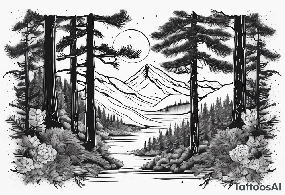 Full back ancient pine Forrest tattoo idea