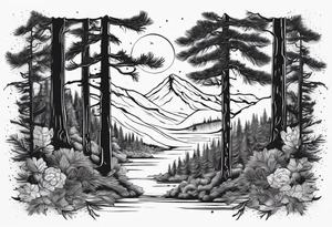 Full back ancient pine Forrest tattoo idea