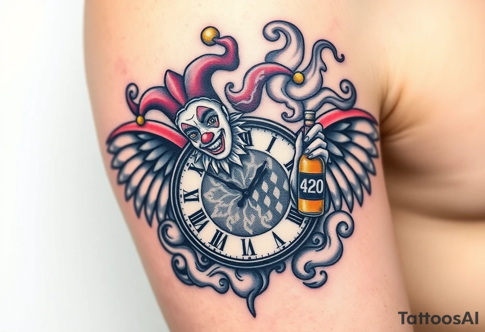 a jester clown floating in smoke with a  clock, the time says 420,  with two open wings besides the clock, smoke as the spring rising from the clock, a jester clown coming out the smoke, smoking in one hand with a liquor bottle on the other hand tattoo idea