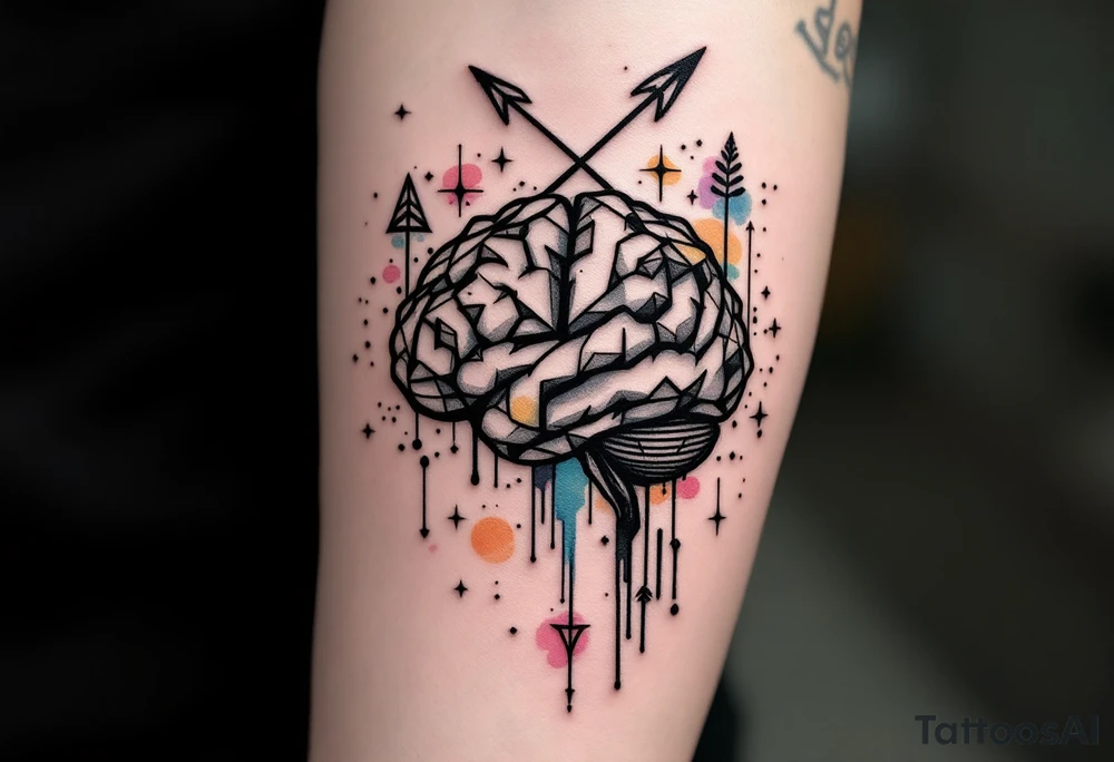 A brain in geometric and straight lines, with few watercolor details but mostly black, symbols representing intelligence, creativity and dreaming flying arround, the phrase "It begins with a dream" and an arrow crossing from above with watercolors leaking from it tattoo idea