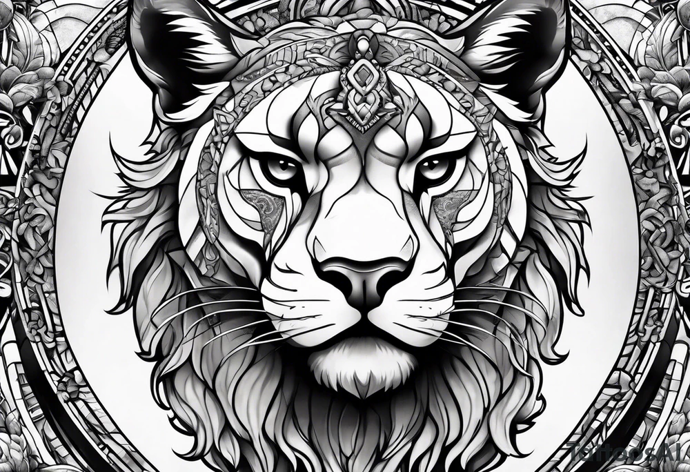 Brain in sagittal section and angry cougar inside hourglass tattoo idea