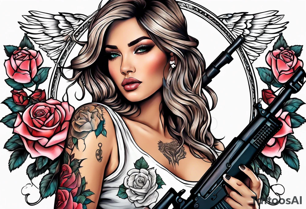 Beautiful angle with tattoos surrounded by roses holding a ak 47 tattoo idea