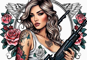 Beautiful angle with tattoos surrounded by roses holding a ak 47 tattoo idea