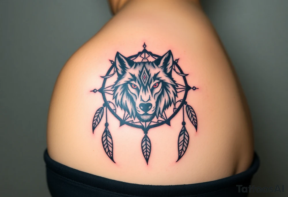 A symmetrical tribal wolf head inside a dreamcatcher, with feather patterns forming geometric shapes around it. The design is rendered in black ink with accents of red for the eyes and white in the feathers tattoo idea