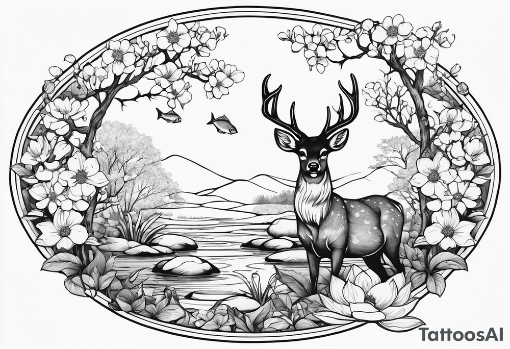 Deer with pond and fish background dogwood flowers tattoo idea
