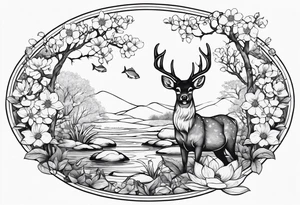 Deer with pond and fish background dogwood flowers tattoo idea