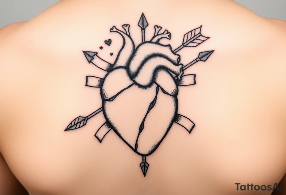 anatomical heart pierced by ornate arrow with flowing ribbons tattoo idea