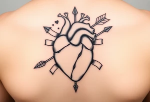 anatomical heart pierced by ornate arrow with flowing ribbons tattoo idea
