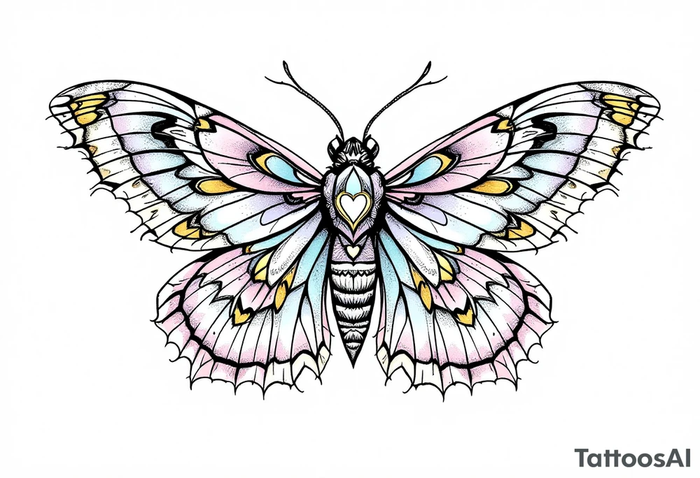 A delicate moth with intricately patterned wings, adorned with soft pastel hues of lavender, pale pink, and light blue. The wings are outlined in fine black ink to accentuate the details, with small golden accents at the tips of the wings, symbolizing enlightenment and transformation. In the center of the moth’s body, a small heart-shaped symbol is subtly integrated, representing love. tattoo idea