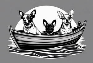 two dogs in a boat. One dog is tan with big ears like a chihuahua. The other dog looks like a corgi but the ears flop down instead of standing up. The name on the boat is McNamara tattoo idea