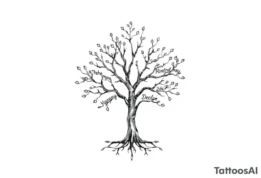 small family tree tattoo with names sophie, chloe, shannon, hannah, hunter, jacob and declyn tattoo idea