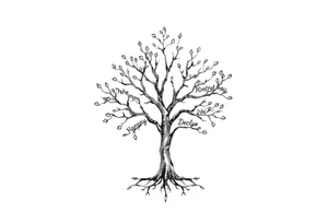 small family tree tattoo with names sophie, chloe, shannon, hannah, hunter, jacob and declyn tattoo idea