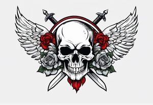 In the center is a half skull pierced by a large sword. On either side of the skull, there are spread angel wings, Beneath the skull is a ribbon weaves through both the skull and the sword tattoo idea