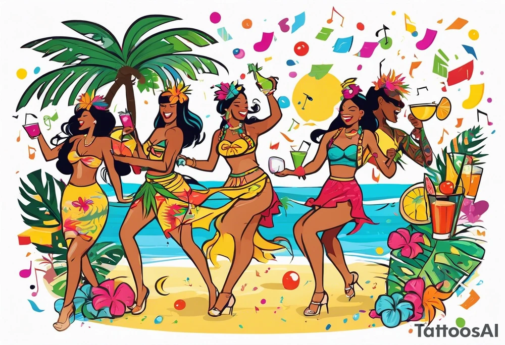 TIKI beach  dance party scene with tropical drinks, sexy girls dancing, music notes, confetti tattoo idea