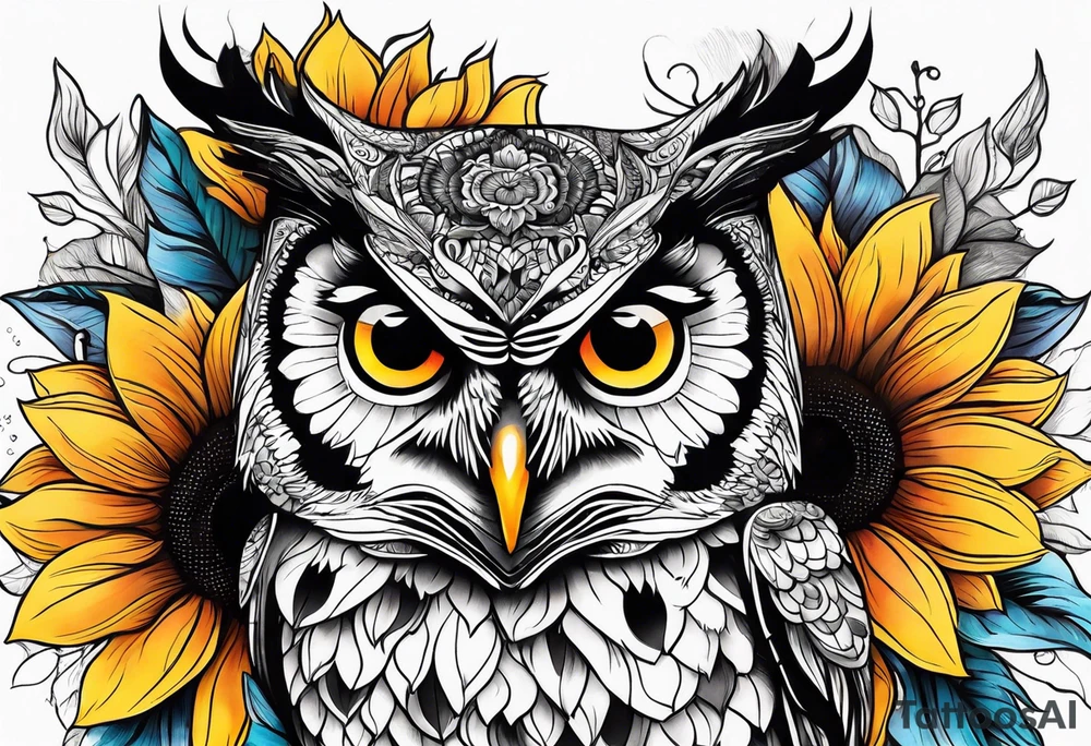 Leg sleeve with colorful sunflowers and an owl tattoo idea