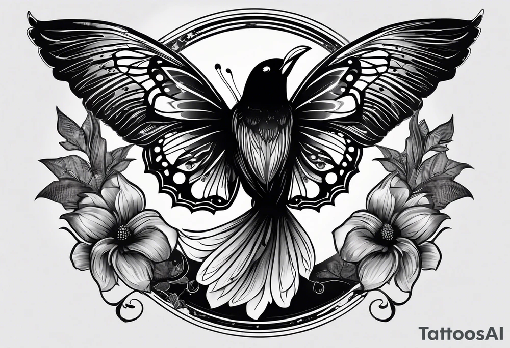 A black and white tattoo.
A butterfly flies. A raven flies. 
The animals fly around the name Malia.

In the background is the name Malia.
In the background is the name SKF.
The number 89 can be seen in the background.
There is also a scorpion in the wing of the butterfly.
This tattoo is black and white and on the arm. tattoo idea