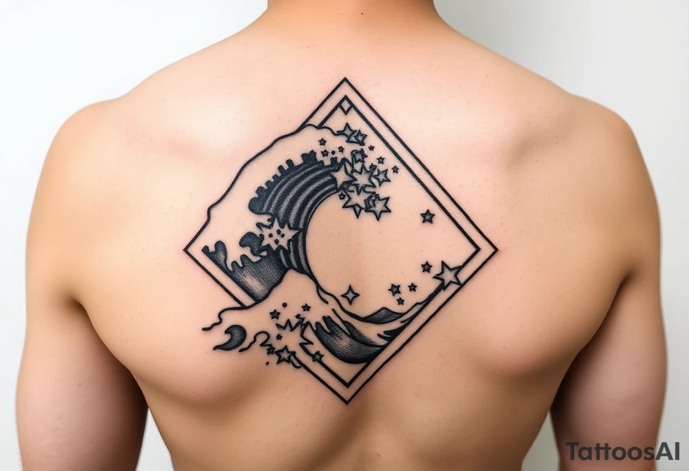 A powerful wave with stars inside of a diamond tattoo idea