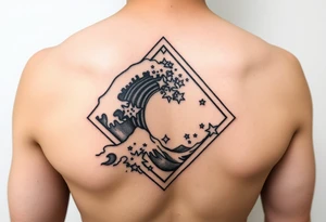 A powerful wave with stars inside of a diamond tattoo idea
