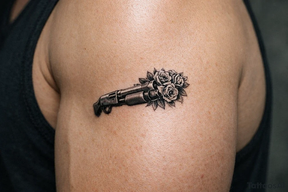 Realistic shotgun with vibrant roses overflowing the muzzle. tattoo idea