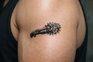 Realistic shotgun with vibrant roses overflowing the muzzle. tattoo idea