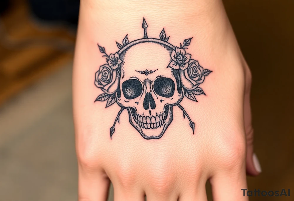 ornate skull adorned with crown of wild roses and thorns tattoo idea